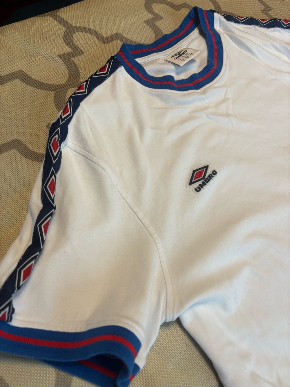 Umbro Retro Taped Sleeve Men’s White Athletic Ringer T with Navy & Red Trim